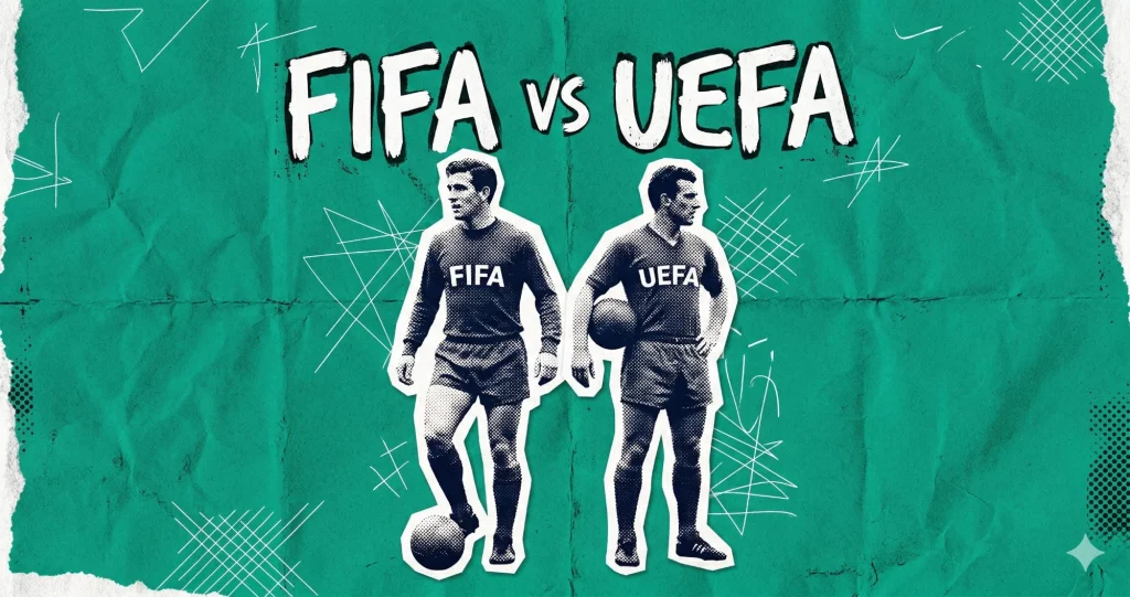 FIFA ve UEFA logolarını temsil eden iki futbolcu figürü, retro kolaj tarzında karşılıklı duruyor