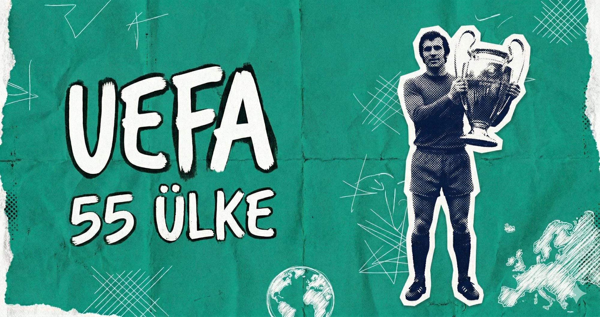 UEFA açılımını temsilen kupa tutan futbolcu silueti, retro kolaj tarzında teal zemin üzerinde